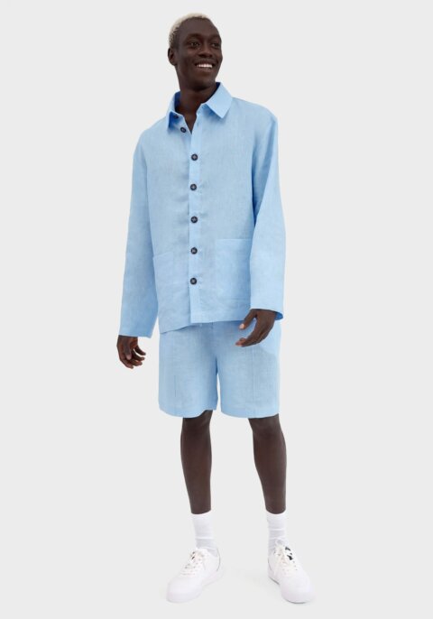 Azure Linen Unisex Pajamas Set with Shorts