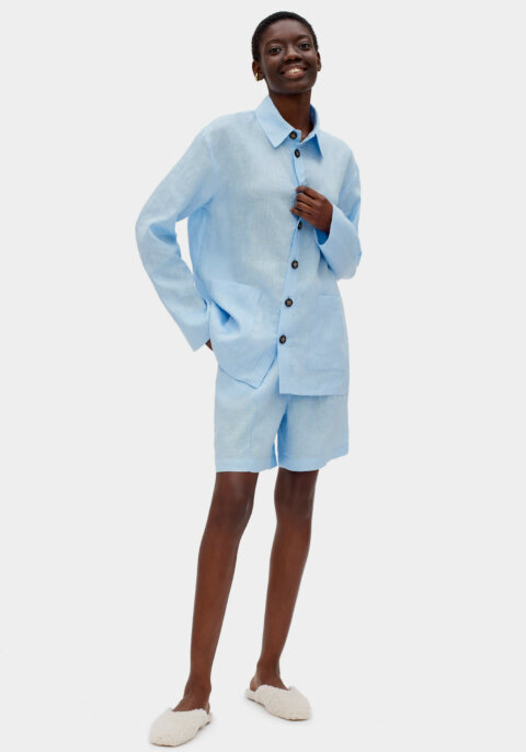 Azure Blue Linen Unisex Pajamas Set with Shorts