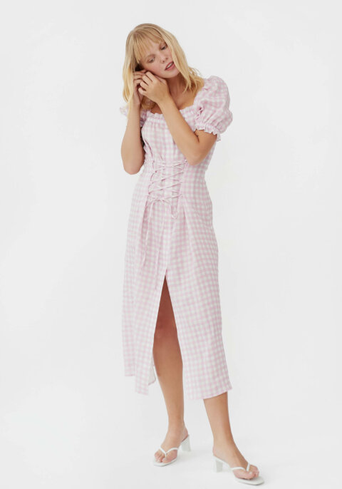 Marquise Linen Dress in Pink Vichy