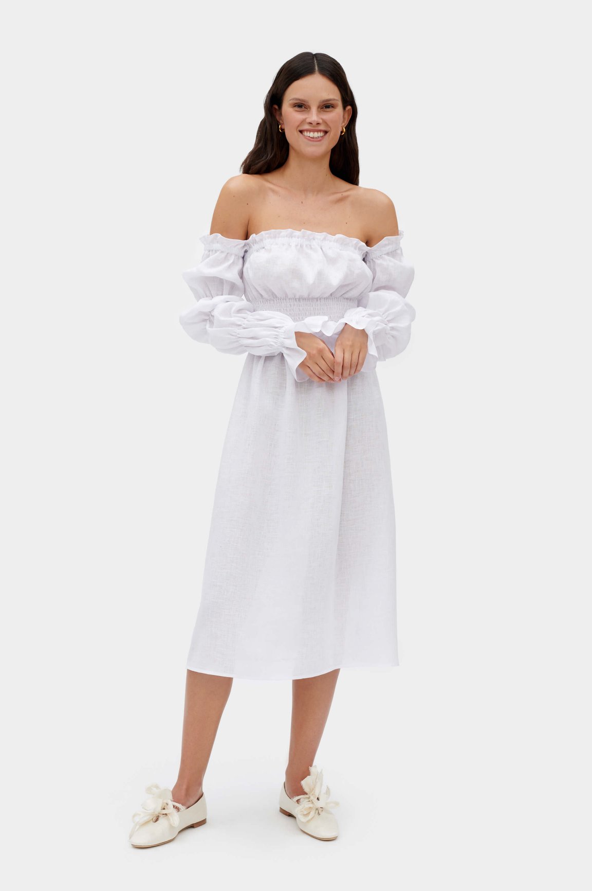 white off the shoulder linen dress