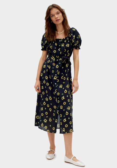 Midi Linen Dress Brigitte in Sunflowers