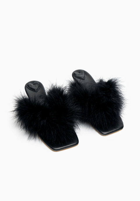Pom Kitten Heel Mules with Feathers in Black
