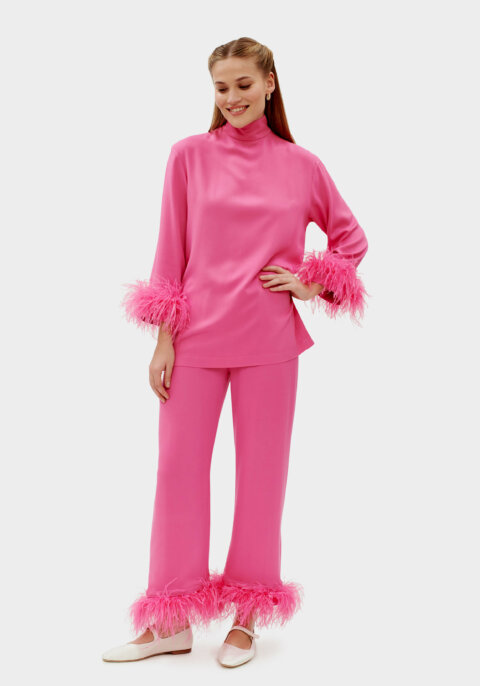 Black Tie Pajama with Detachable Feathers in Hot Pink