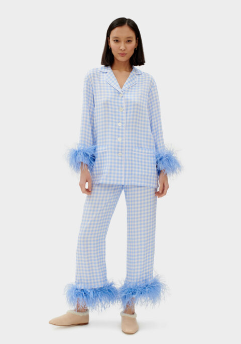 Party Pajama with Detachable Feathers in Blue Vichy
