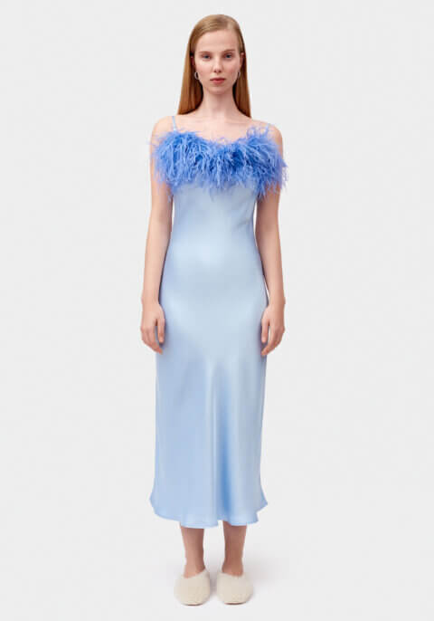 Boheme Slip Dress with Feathers  in Blue