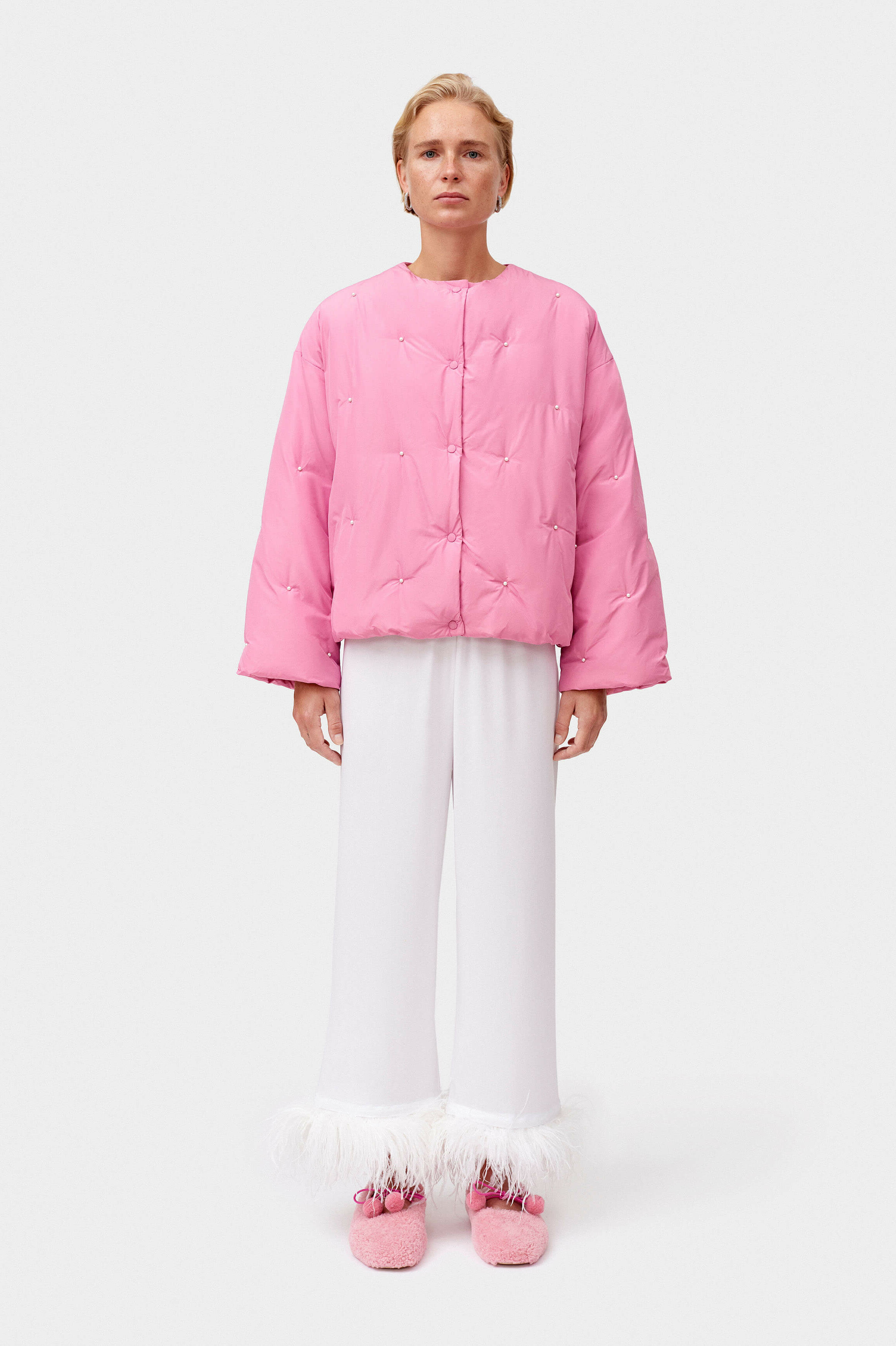 Cropped pink puffer jacket | Women's light pastel pink jacket