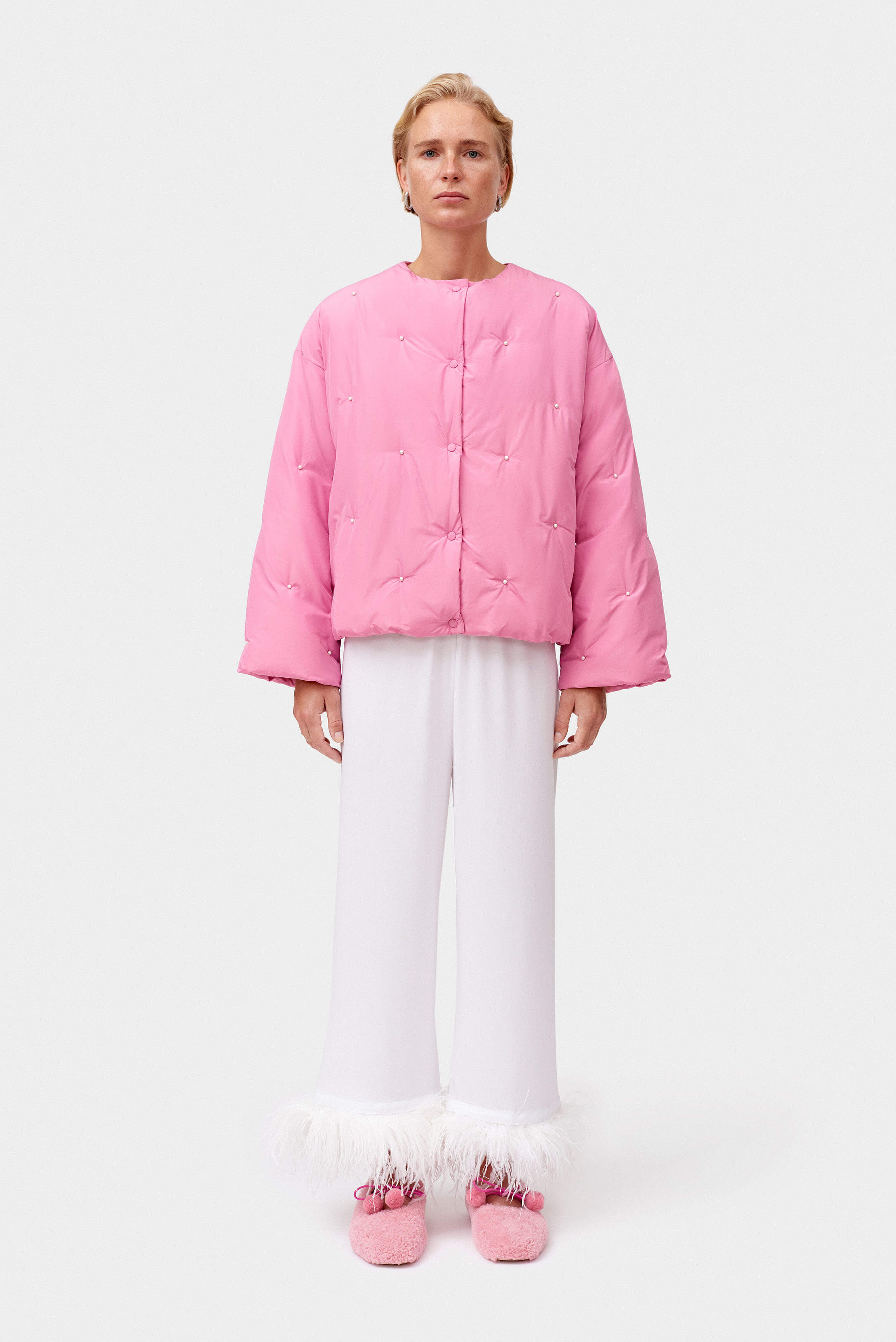 Cropped pink puffer jacket | Women's light pastel pink jacket