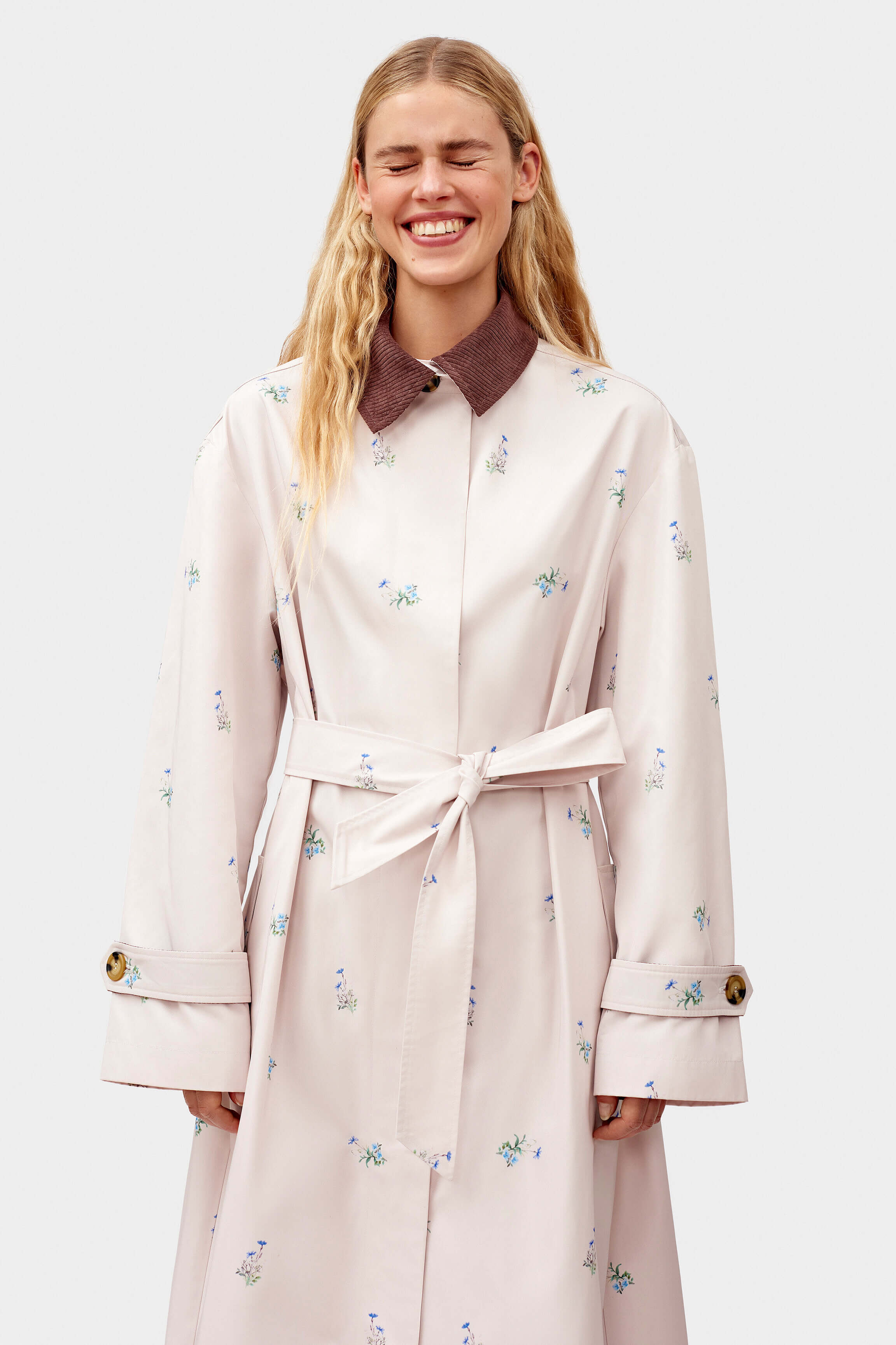 Long beige trench coat Women's trench with flower print