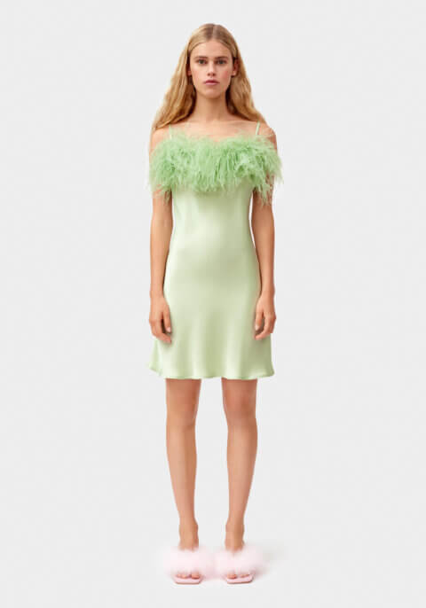 Boheme Mini Slip Dress with Feathers in Mint