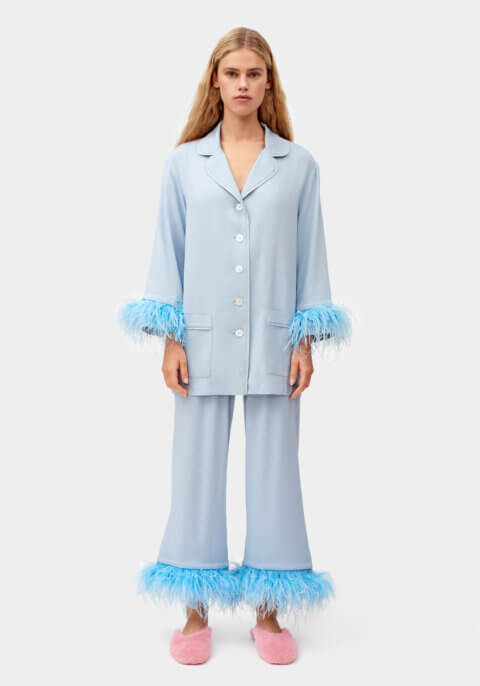 Party Pajama Set with double Feathers in Dust Blue