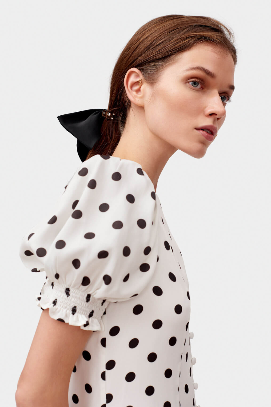 White polka dot dress | Sleeper dress with black dots