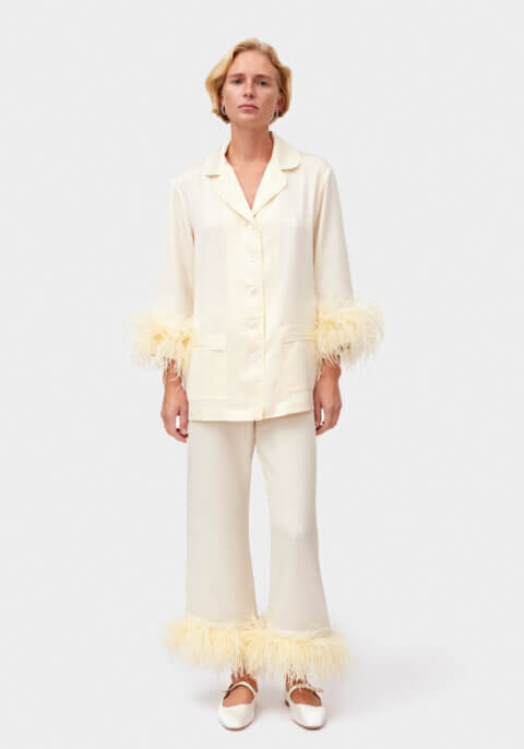 Jacquard Wedding Pajama Set with Feathers in White