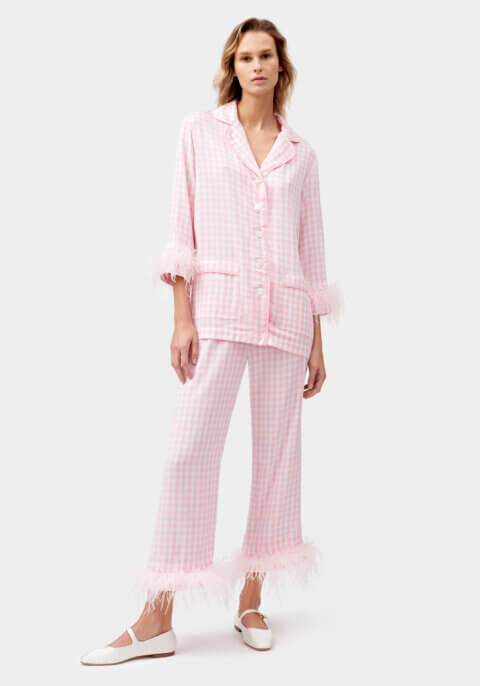 Комплект Party Pajama з Подвійним Пір’ям у Рожевому Клітчастому Принті