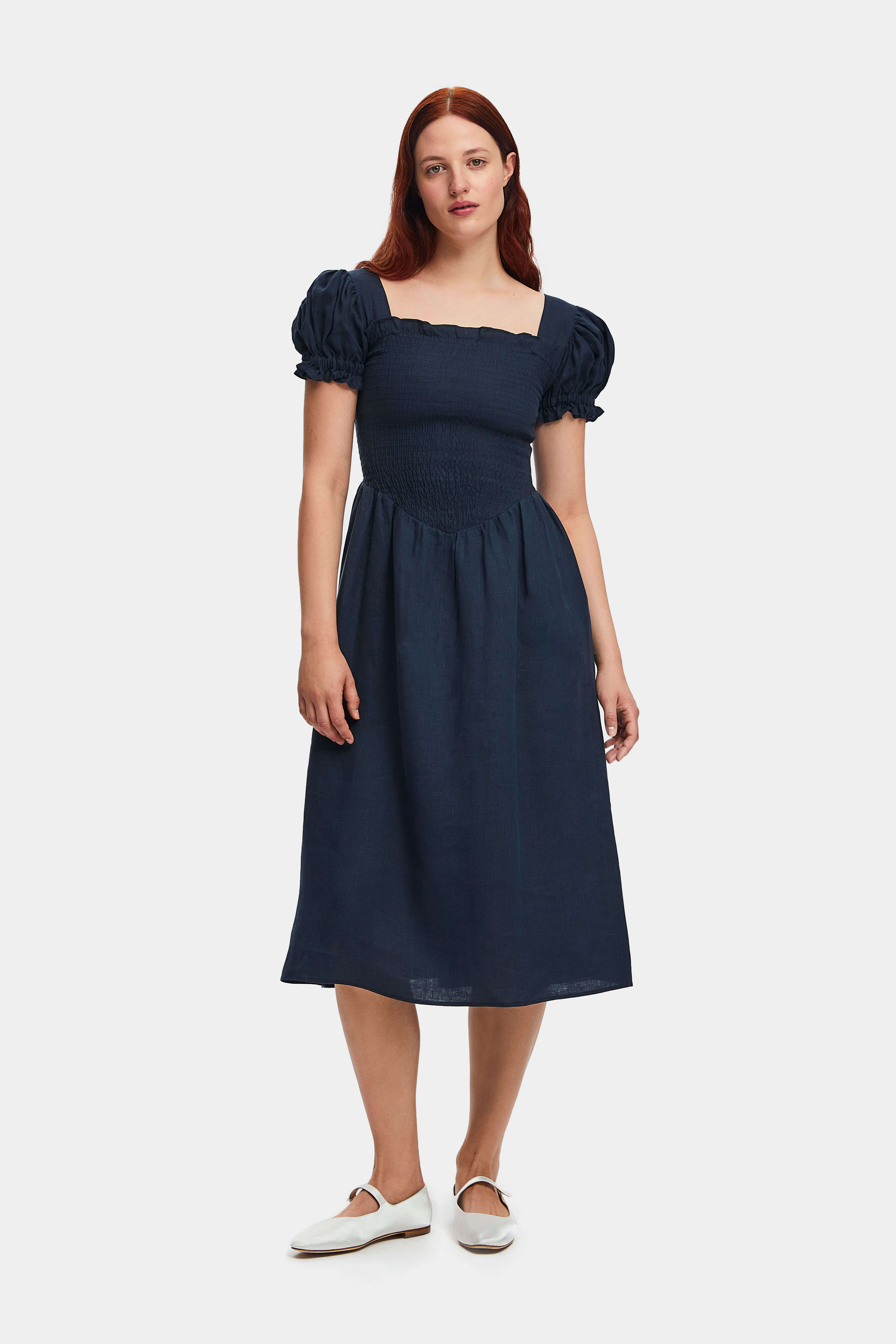Sleeper Belle Linen Dress in Navy
