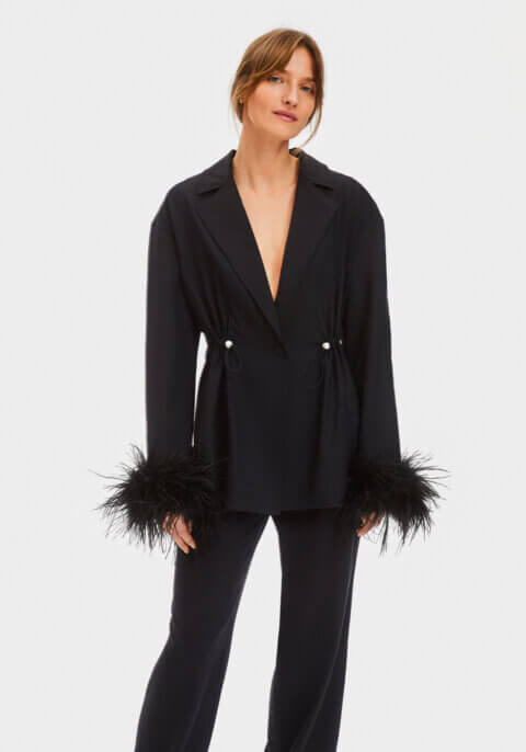 Girl With Pearl Button Blazer with Feathers in Black