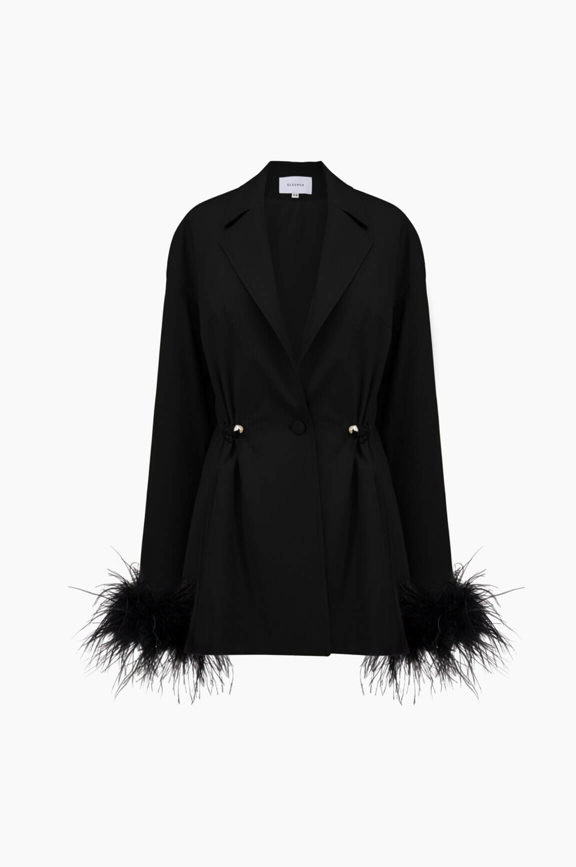 Girl With Pearl Button Blazer with Feathers in Black