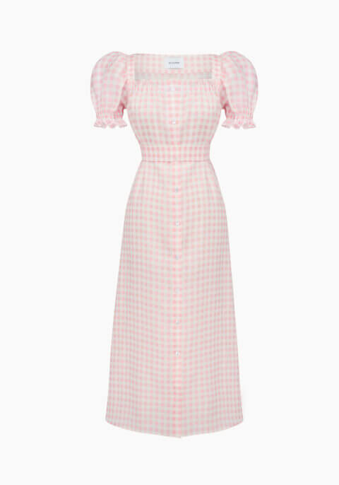 Midi Linen Dress Brigitte in Pink Vichy